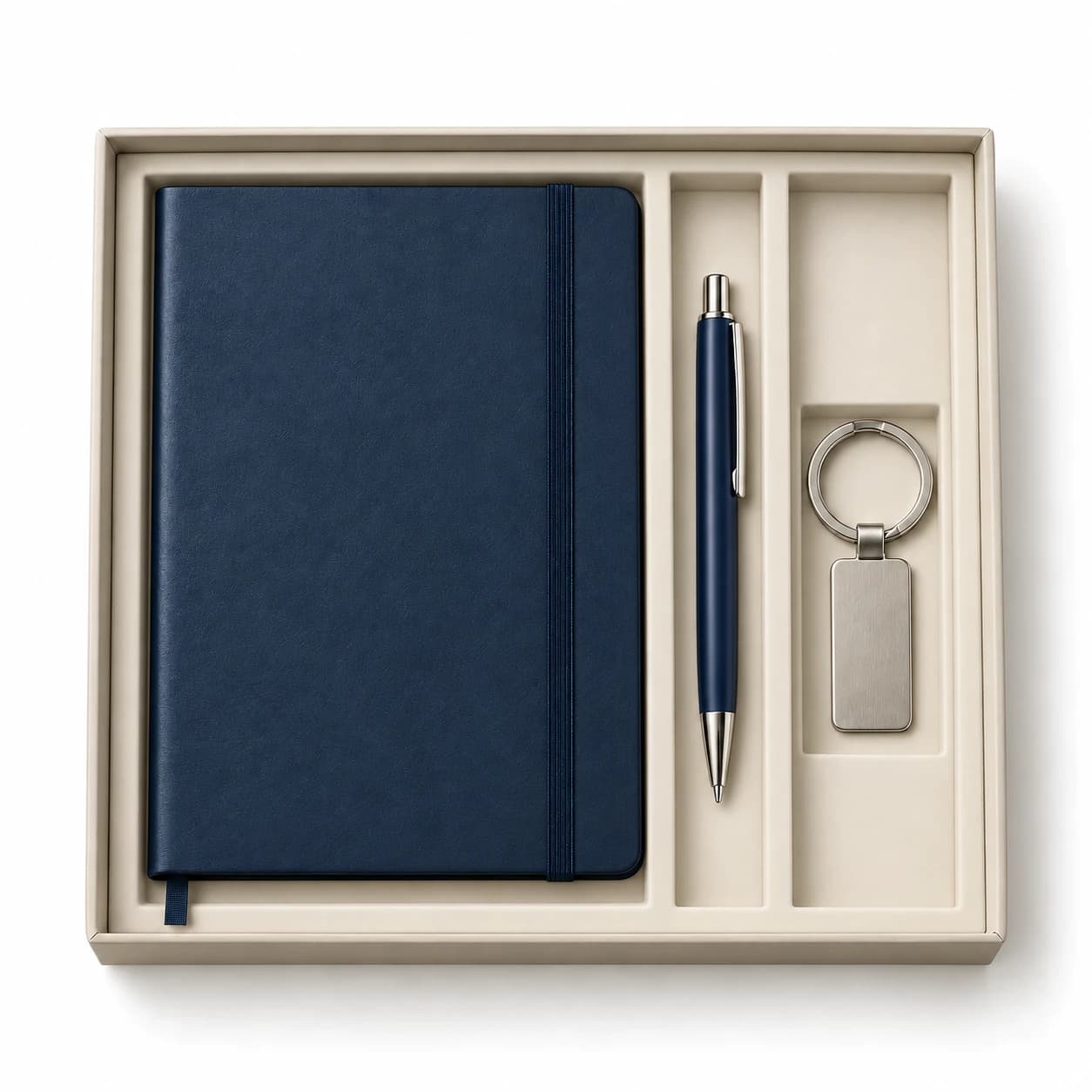 Trio carnet à élastique, stylo et porte-clés