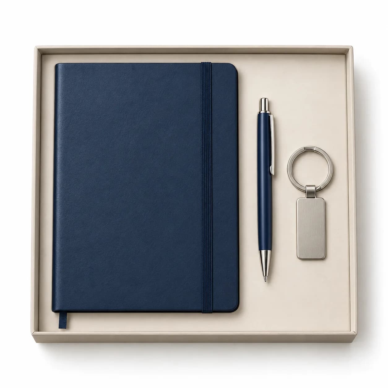 Trio carnet à élastique, stylo et porte-clés