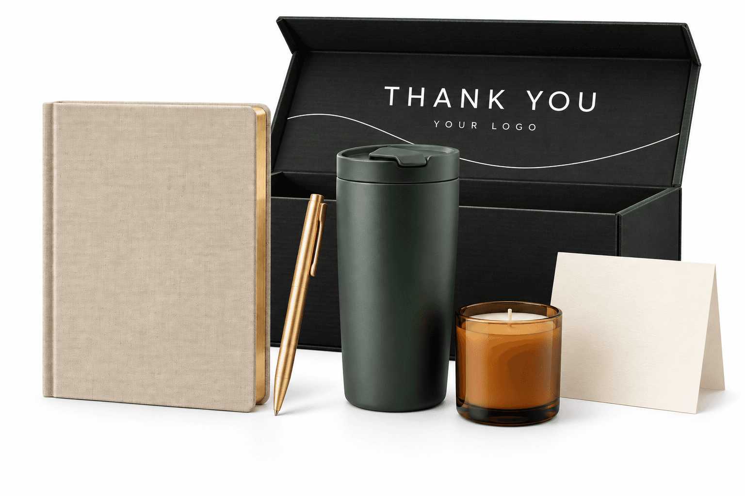 Coffret cadeau noir portant « Thank you » et un emplacement pour le logo, avec un carnet en lin, un stylo doré, un mug isotherme vert et une bougie.
